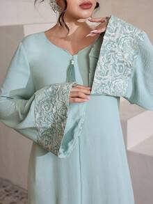 SHEIN Najma Đầm dài tay dáng xòe kiểu Ả Rập dành cho nữ, phối vải jacquard. - màu xanh lá - Xem 8