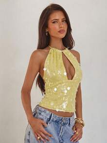 Aloruh 女士优雅性感时尚闪亮亮片露背吊带背心，适合情人节、约会、派对、春夏外出等场合 - 黃色 - 查看 6