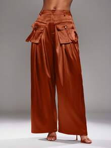 NYA SZN Pant High Rise Cargo Pocket Wide Leg Flowy Loose Winter Satin Brown Business Casual Event Special Occasion Luxury Outfits For Women - Rust Brown - View 6