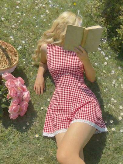 SHEIN MOD Mono elegante de mujer con cuello redondo, ajustado y sin mangas con estampado de cuadros