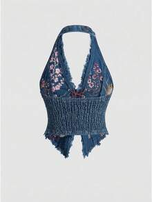 ROMWE Áo denim nữ kiểu dáng retro xe máy J-Fashion phong cách Trung Quốc mới, thêu họa tiết, cổ yếm, gợi cảm. - Rửa nhẹ - Xem 2