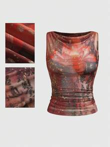 ROMWE Avant Retro New Chinese Style Lotus & Hanzi Print Tie Dye Tie-Dye Gold Foil Turtleneck Bodysuit - Multicolor - View 5