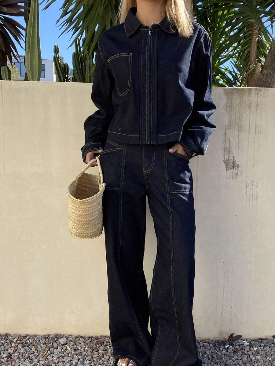 DAZY Women's Casual Collared Crop Top And Loose Fit Jeans Set - Blue - View 1