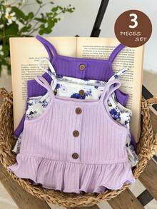 LMoss Kids 3pcs Baby Girl Knitted Solid & Ditsy Floral Camisole Top Set - Multicolor - View 1