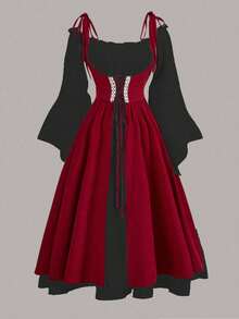 Sweetra Plus Size Black And Red Women's Goth A-Line Long Dress,Autumn 2 In 1 Drawstring Vampire Renaissance Gothic European Maxi Dress For Party Outfit - Multicolor - View 1