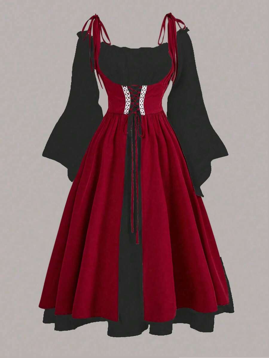 Sweetra Plus Size Black And Red Women's Goth A-Line Long Dress,Autumn 2 In 1 Drawstring Vampire Renaissance Gothic European Maxi Dress For Party Outfit - Multicolor - View 1