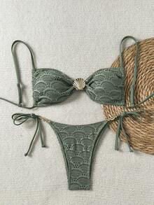 Elavelle Women's Sexy Army Green Plain Fabric Lace Up Spaghetti Strap Bikini Set With Tie Side Bottom And Metal Shell Detail Short Length - Army Green - View 3