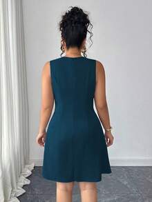 Elenzga 大码女式纯色圆领无袖休闲连衣裙 - 水鴨藍 - 查看 2