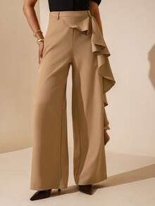 Vesra Women's Elegant Solid Color Ruffle Hem Wide Leg Pants - Khaki - View 1