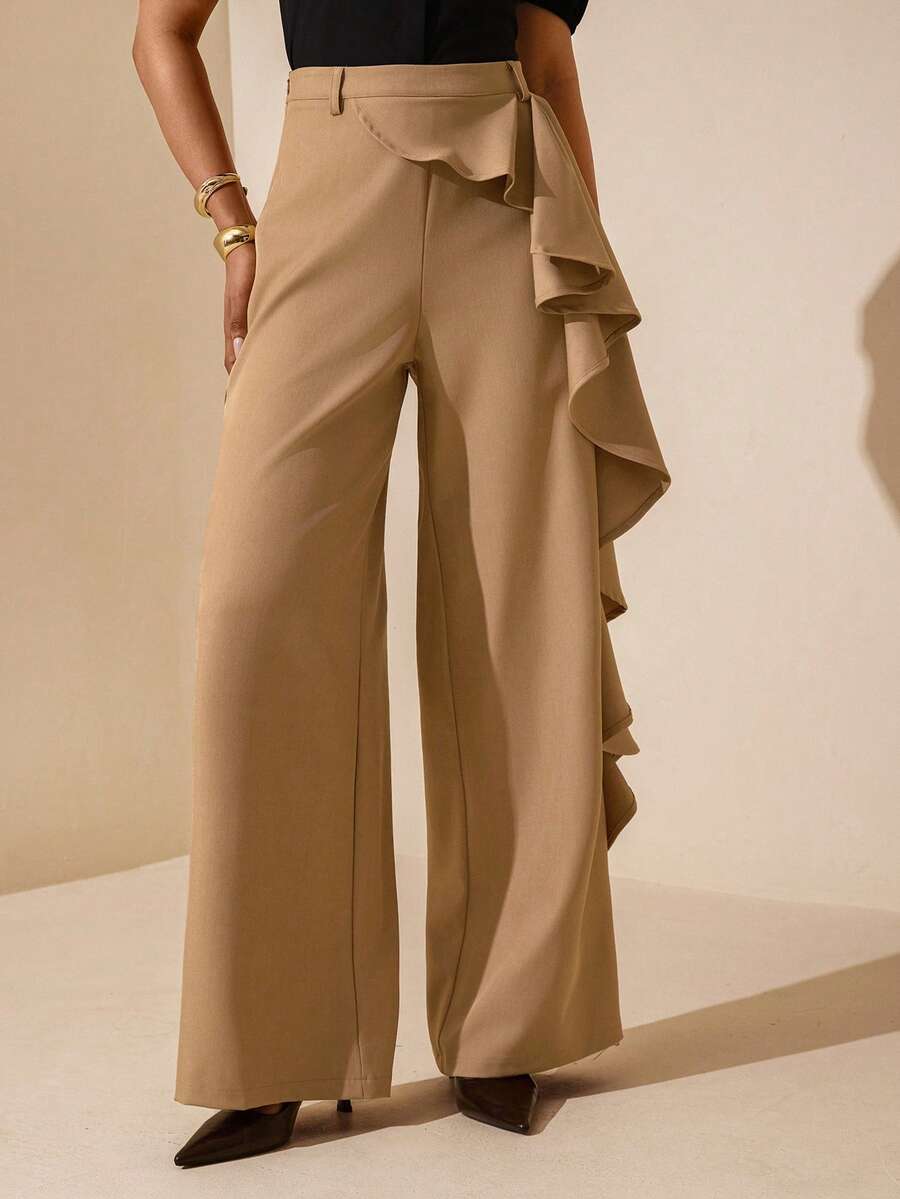 Vesra Women's Elegant Solid Color Ruffle Hem Wide Leg Pants - Khaki - View 1
