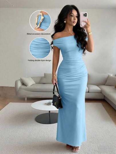 Rafferiza Elegant Ruched Off-Shoulder Metallic Accent Bodycon Party Dress For Women Off Shoulder Formal Dress Light Blue Long Dress Bodycon Maxi Dress Women Sexy Long Dress Baby Blue Maxi Dress