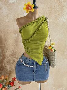 SHEIN WYWH Blusa de malha torcida com ombros assimétricos e modelagem justa, estilo boêmio, perfeita para férias e outono. Ideal para mulheres com estilo vintage e perfeito para as festas de fim de ano. - Verde - Ver 4