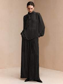 Arave 女士珍珠雪纺常规肩部收腰立领飘逸泡泡袖高腰褶裥直筒裤套装，优雅约会装扮 - 黑色 - 查看 4