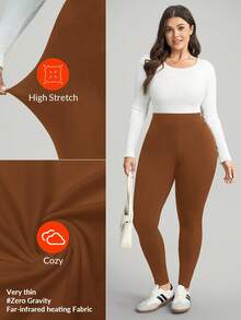 Comfylo Plus Size Women Casual Solid High Waist Leggings - Brown - View 4