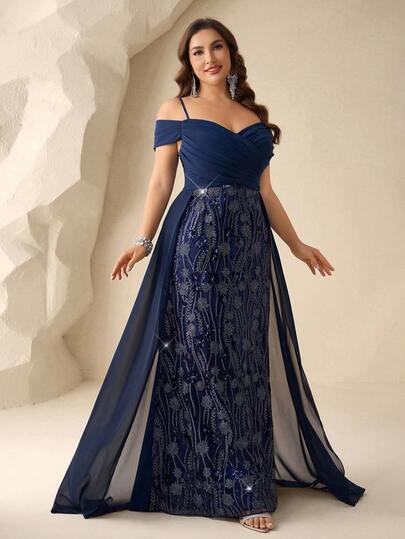 Coutiva Plus Size Women Sequin Floral Decor Off-Shoulder Elegant Mother Of The Bride Dress