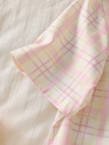 女童格子印花短袖上衣和裤子舒适睡衣套装（2件套） - 粉色 - 查看 5