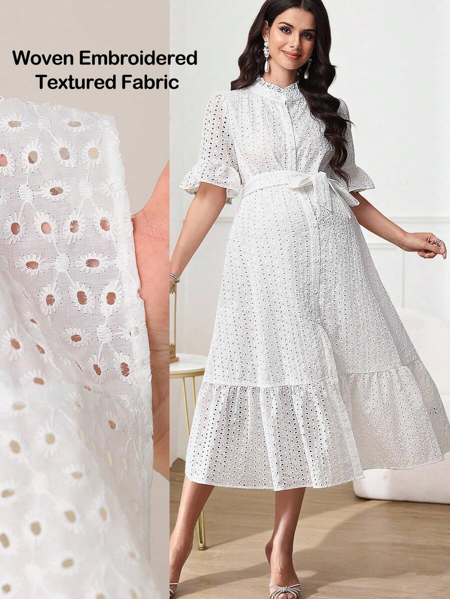 SHEIN White Solid Color Openwork Embroidered Front Button, Waist Tie, A-Line Maternity Dress, Summer Elegant. - White - View 1