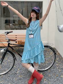 K-Vae Women's Summer Korean Retro Plaid Sleeveless Dress, Ruffle Hem Asymmetrical Tank Dress, Loose Fit Slimming Mid-Length Dress - Multicolor - View 4