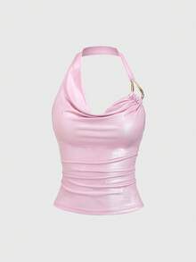 Sweetra Women's Solid Color Halter Neck Metal Decor Ruched Sexy Versatile Top For Dates & Outings - Pink - View 1