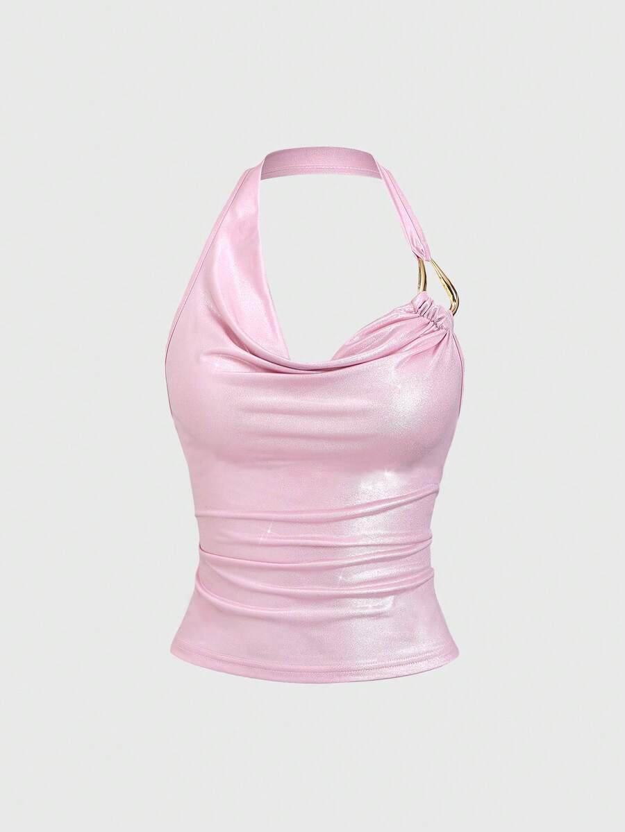Sweetra Women's Solid Color Halter Neck Metal Decor Ruched Sexy Versatile Top For Dates & Outings - Pink - View 1