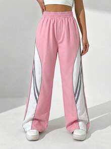 StreetHx 女士弹力腰带条纹阔腿宽松休闲裤 - 粉色 - 查看 4