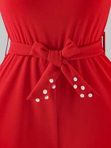 SHEIN ChillGRL 女童连体裤，白色，饰有3D立体花朵图案和串珠腰带，休闲款式，适合日常外出和通勤，夏季穿着。 - 紅色 - 查看 4