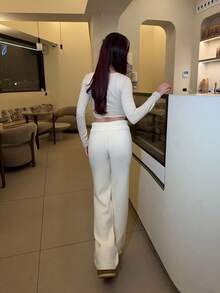 Abrilcols Women's Autumn And Winter Clothing Home Simple Comfortable Sweet Casual Thermal Lined Warm White Double-Layer Waist Design Buttons Asymmetrical Beige Simple Sweater Trousers, Daily Wear,Fall - White - View 2