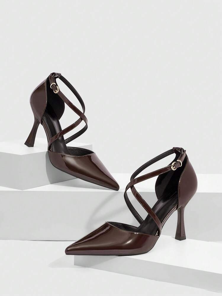 CUCCOO SZL Women Shoes Pointed Stiletto Brown Thin Stripe Cross Strap Hollow Women's Shoes Simple Elegant Fashion Sexy Party Banquet Women's High Heel Shoes Women's Shoes Spring Shoes