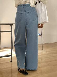 DAZY 女士休闲褶皱阔腿长款牛仔裤，春夏款 - 中等水洗藍 - 查看 2