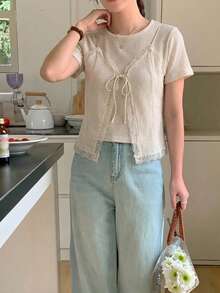 Camiseta de mujer con cuello redondo de manga corta con 2 en 1 y encaje empalmado - Albaricoque - Ver 5