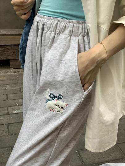 FRIFUL 女士休闲抽绳腰带裤，带口袋，宽松版型，卡通图案，适合春夏穿着