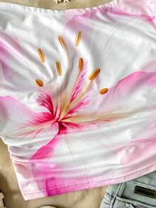 SHEIN 少女休闲度假粉色大花朵百合印花露肩泡泡袖上衣 - 粉色 - 查看 4