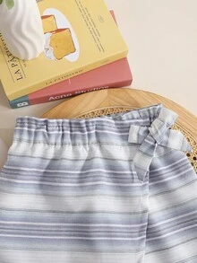 SHEIN Tween Girls' Summer Casual Vacation U-Neck Ribbed Trim Curved Hem Solid Knit Elastic Sleeveless Tank Top And Wrap Striped Shorts Set - Blue and White - View 5