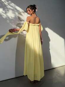 Aloruh 女士波西米亚风露肩飘逸雪纺褶皱绳结蝴蝶结A字宽松粉色女神长裙，适合春夏度假穿着 - 淡黃色 - 查看 7