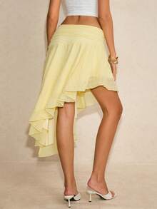 Poéselle 女士纯色腰部褶皱不对称下摆时尚中长裙 - 黃色 - 查看 2