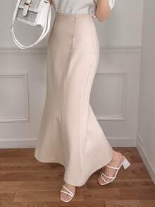DAZY Women's Solid Color Waist Tie Design Elegant Mermaid Midi Skirt - Apricot - View 4
