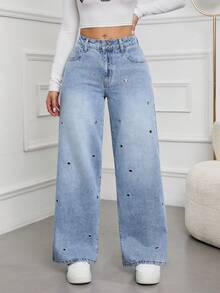 SHEIN Tall Women's Fashionable Casual Washed Metallic Denim Jeans, Autumn - Blue - View 6