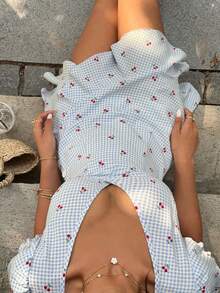 Sunnyshic 女士樱桃印花V领荷叶边迷你连衣裙 - 彩色 - 查看 5