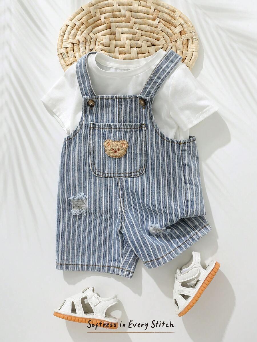 Cozy Pixies Baby Boy Cartoon Bear Graphic Front Pocket Bib Overall Denim Jumpsuit - Blue - View 1