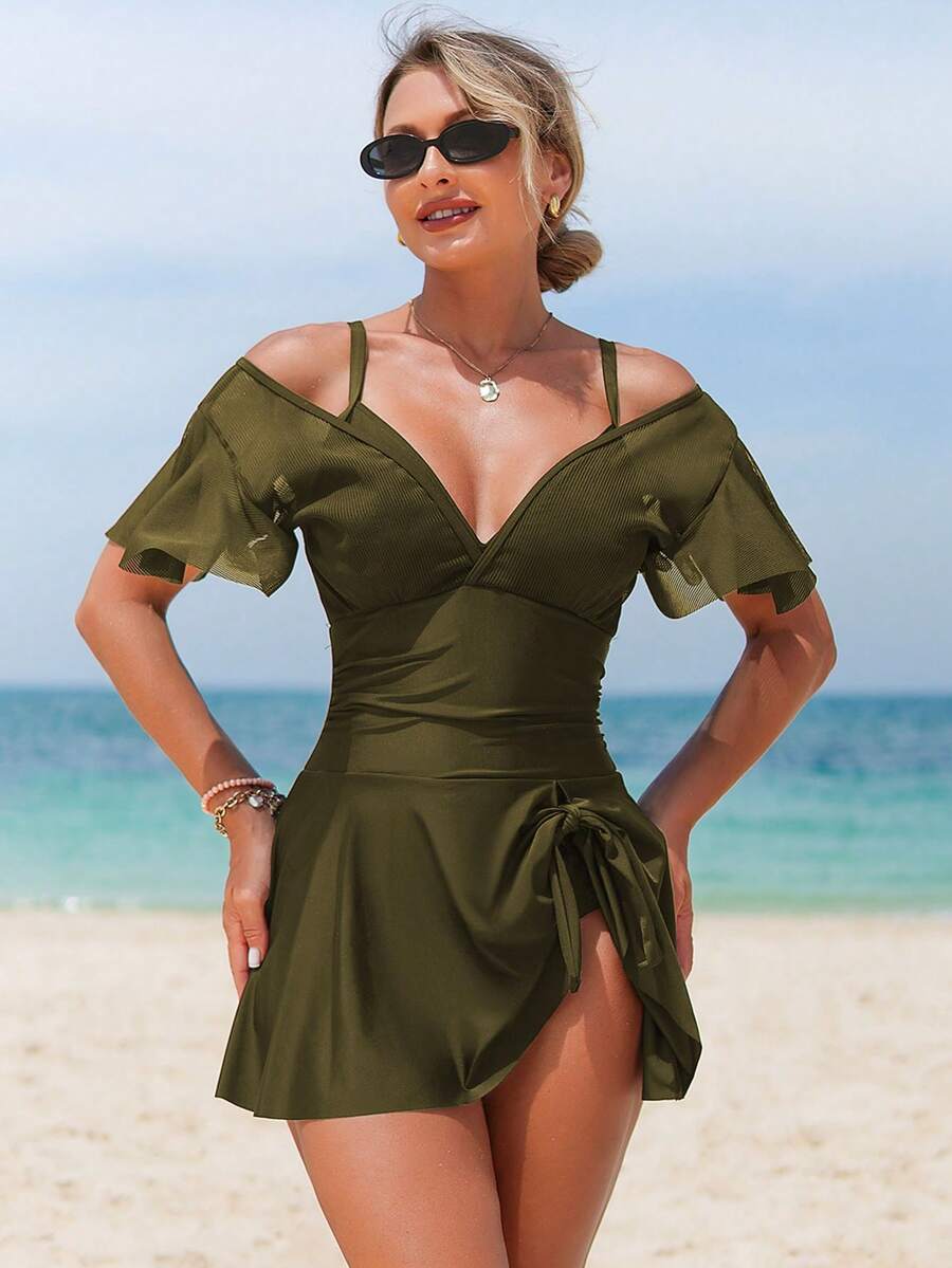Swim Lushoire Women's V-Neck Ruffle Sleeve Mesh Patchwork Solid Color One-Piece Swimsuit Dress, Summer New Arrival - Army Green - View 1