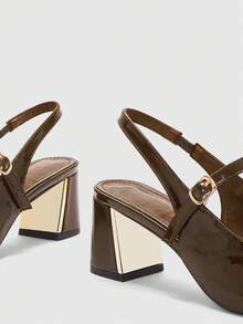 CUCCOO BIZCHIC 女士鞋履 女士尖头粗跟中跟棕色镜面露跟高跟鞋 时尚舒适 通勤商务百搭 - 咖啡色漆皮 - 查看 8