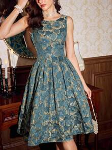 Vintamour 复古优雅女士花卉提花连衣裙 节日派对优雅连衣裙 长款派对连衣裙 女士秋季服装 女士冬季服装 圣诞节冬季连衣裙 女士秋季服装 女士万圣节服装 女士圣诞节服装 圣诞派对连衣裙 新年连衣裙 感恩节服装 女士优雅派对连衣裙 - 藍色 - 查看 3