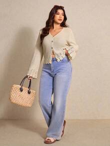 Elaquor 加码纽扣前襟荷叶袖开衫 - 杏色 - 查看 3