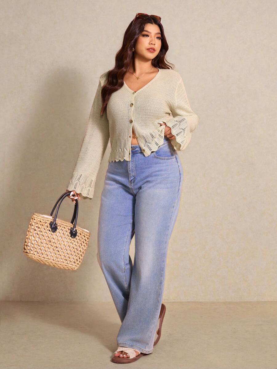 Elaquor Plus Button Front Flounce Sleeve Cardigan - Apricot - View 1