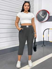 SHEIN Essnce Pantalon décontracté polyvalent grande taille, coupe slim, couleur unie - Gris pâle - Voir 4