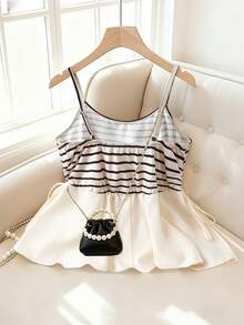 GlowEve Women's Summer Casual Vacation Commute Contrast Stripe Print Drawstring Ruffle Hem Camisole - Black and White - View 2