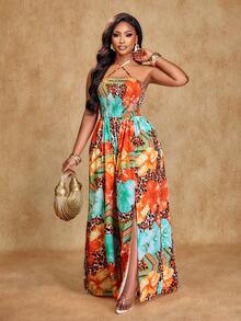 Brilight Women's Elegant Party Wear, Sexy, Casual, Vacation, Beach, Music Festival, Thanksgiving, Easter, Sunbathing, Stretchy Ruched Criss-Cross Halter Neck Jumpsuit, Loose Fit With Side Slits, Irregular Pattern Print, Sleeveless Long Jumpsuit. - Multicolor - View 4