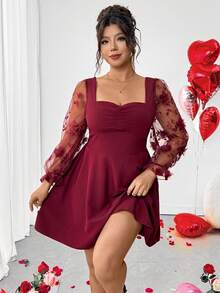 Elenzga 大码女式荷叶边褶皱薄纱刺绣网纱袖露背弹力腰连衣裙。新款夏季女式荷叶边褶皱泡泡袖A字连衣裙，优雅约会装扮。酒红色薄纱拼接收腰泡泡袖迷你连衣裙，迷人约会装扮。 - 酒紅色 - 查看 8