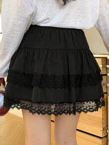 DAZY Damen Elastischer Taillenbund Spitze Patchwork Rock - Schwarz - Übersicht 2