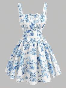 Girlism 少女蓝白碎花吊带休闲度假连衣裙 - 藍白色 - 查看 7